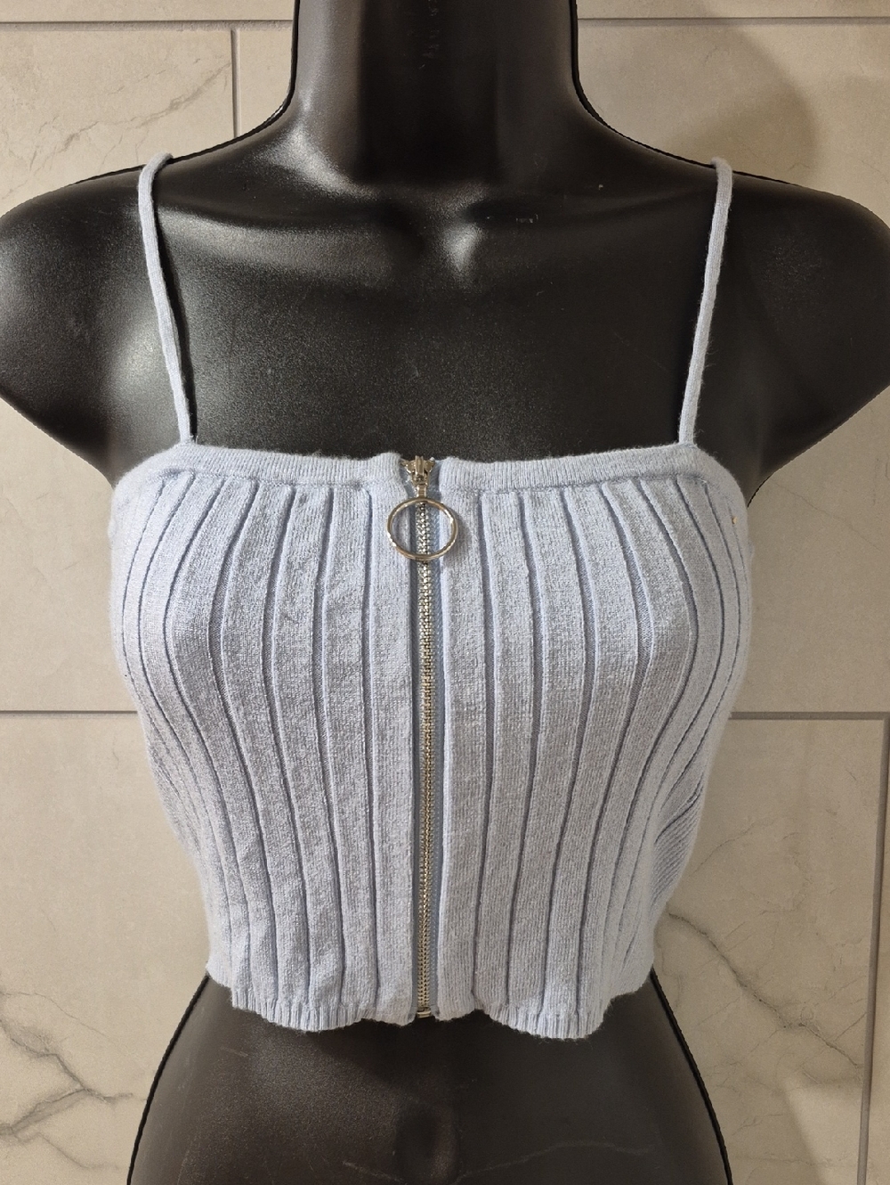 Kendall & Kylie Light Blue Ribbed Zip Cropped Cami